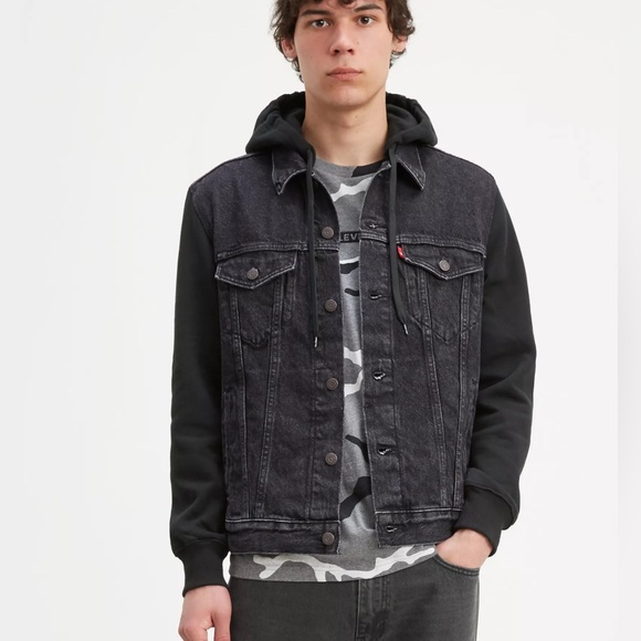 LEVIS Fit Hybrid Hooded Denim Trucker Hoodie Jean Jacket - Picture 1 of 5